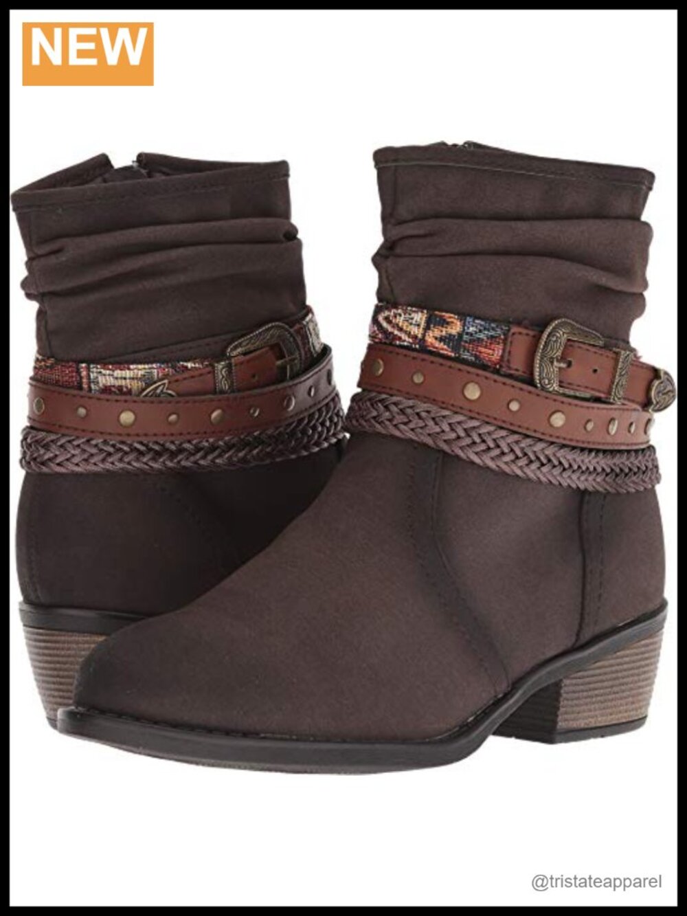 Faux Leather Western Ankle Boots Snip Toe Block Heel Woven Straps
